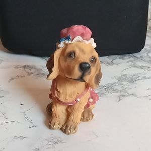 Adorable Puppy Wearing Pink and White Polka Dot Dress w/ Matching Hat Figurine